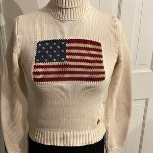 Vintage Ralph Lauren Cream Turtleneck Sweater with Flag Design